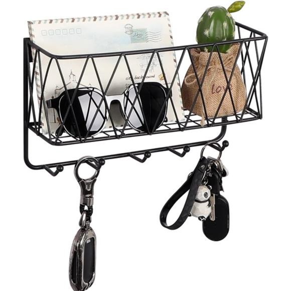 Entryway Mail Holder with Key Hooks,11.0"L×2.6" W×5.1"H,Wall Mounted Matte Black - Picture 1 of 6